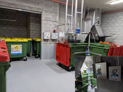Garbage Doctor Duo in a large waste room with rows of recycling and general waste bins, and a close-up of the Duo