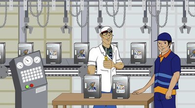 Garbage Doctor machines on the line, the Garbage Doctor checking each one