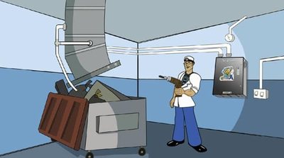 The Garbage Doctor installing a machine on a garbage room wall, its conduit to the chute and the bin