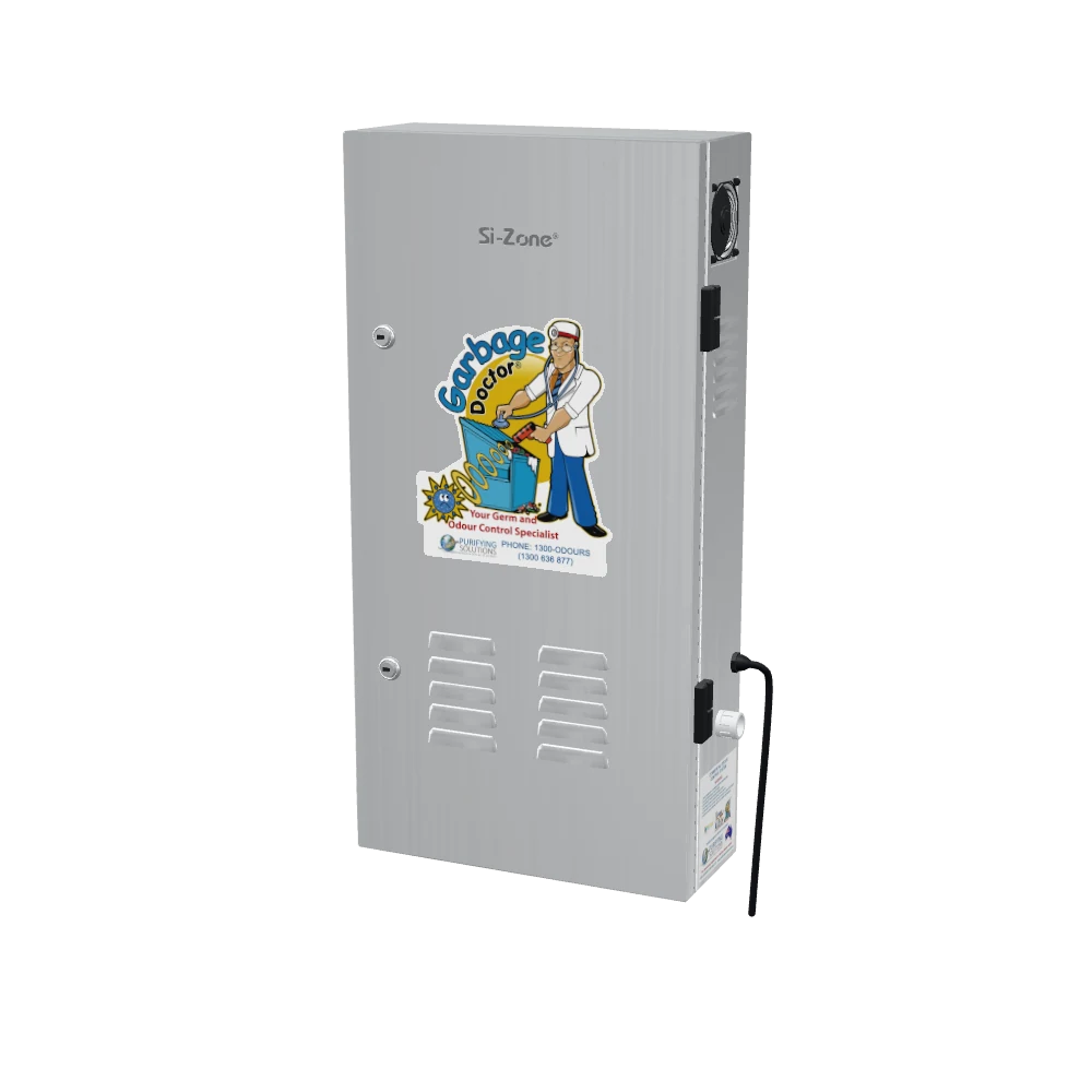 The Garbage Doctor 4000 in brushed stainless steel, with the Garbage Doctor logo and louvres on its door and a fan on its side