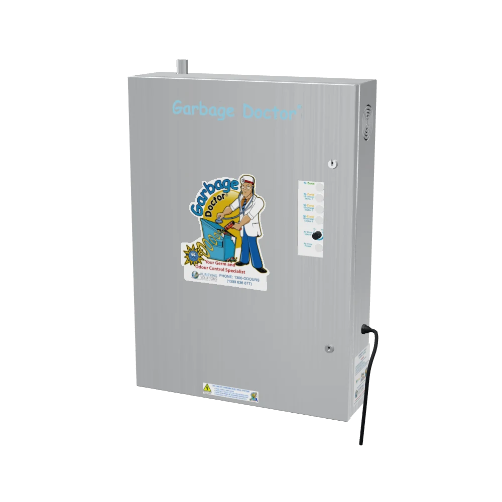 The Garbage Doctor Si-Zone 5000 in brushed stainless steel, with the Garbage Doctor logo and its control panel on its door