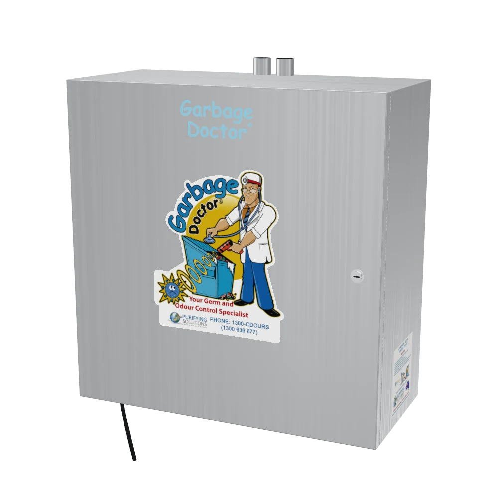 The Garbage Doctor Ozone HD in brushed stainless steel, with the Garbage Doctor logo on its door