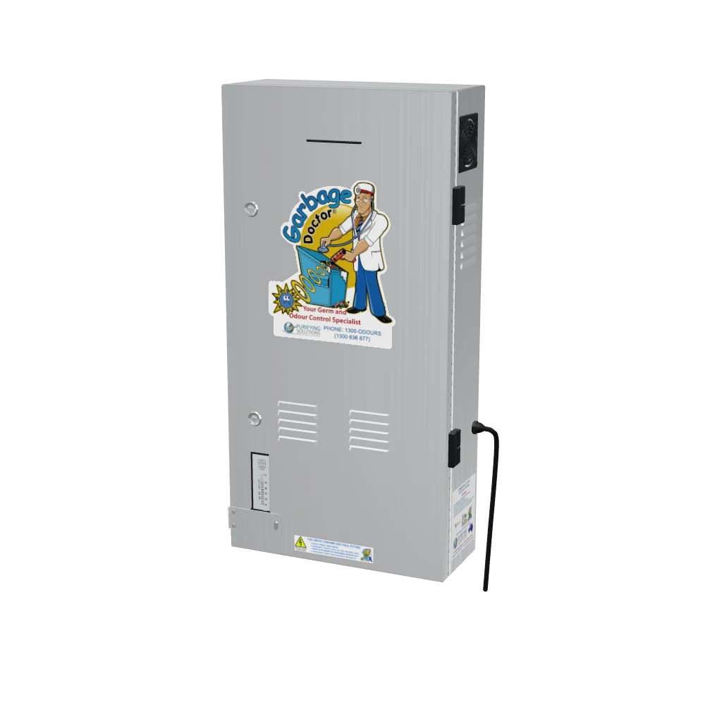 The Garbage Doctor Platinum in brushed stainless steel, with the Garbage Doctor logo and louvres on its door and an air flow meter at its foot