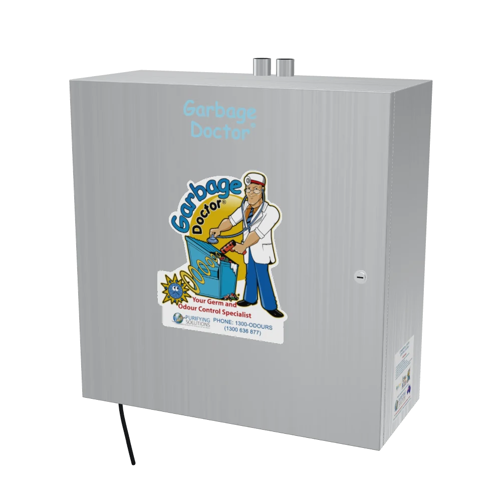 The Garbage Doctor machine in brushed stainless steel, with the Garbage Doctor logo on its door