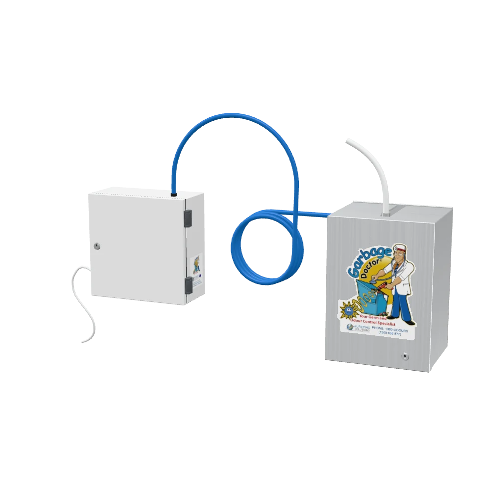 Garbage Doctor Scenting: the white control unit and the scent tank in brushed stainless steel, joined by a blue hose, with the white scent pipe rising from the tank